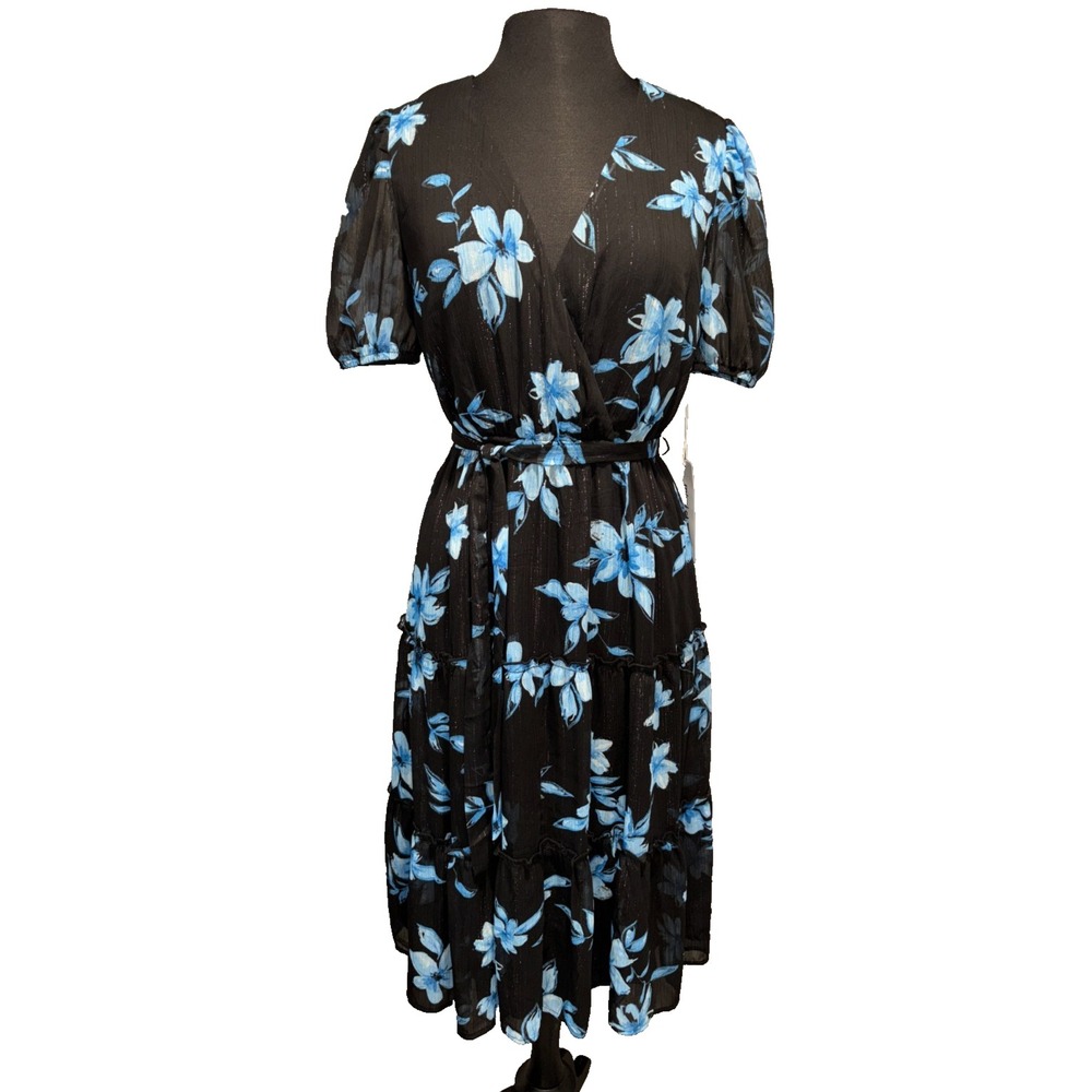 Mimi Chica Black Blue Floral Dress Women's Medium Tiered Midi Lined Belted NWT